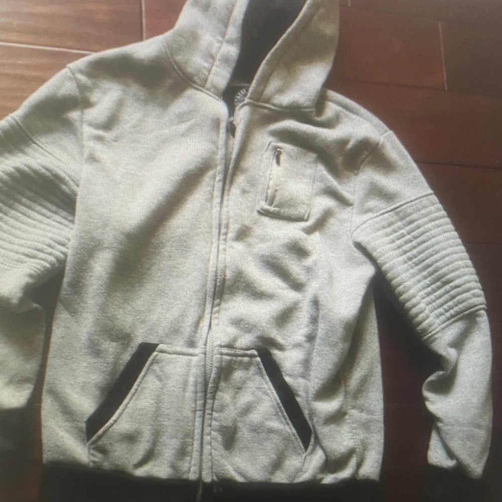 Gray Hooded Jacket with Ribbed Sleeves